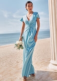 Sheath/Column V Neck Short Sleeve Floor-Length Stretch Satin Bridesmaid Dresses with Pleated Lilianna STIP0025225