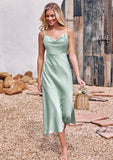 Sheath/Column Cowl Neck Sleeveless Tea-Length Stretch Satin Bridesmaid Dresses Sariah STIP0025226