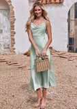 Sheath/Column Cowl Neck Sleeveless Tea-Length Stretch Satin Bridesmaid Dresses Sariah STIP0025226