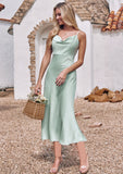 Sheath/Column Cowl Neck Sleeveless Tea-Length Stretch Satin Bridesmaid Dresses Sariah STIP0025226