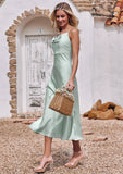 Sheath/Column Cowl Neck Sleeveless Tea-Length Stretch Satin Bridesmaid Dresses Sariah STIP0025226