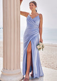 Sheath/Column V Neck Sleeveless Floor-Length Stretch Satin Bridesmaid Dresses with Pleated Split Lainey STIP0025227