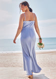 Sheath/Column V Neck Sleeveless Floor-Length Stretch Satin Bridesmaid Dresses with Pleated Split Lainey STIP0025227