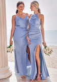 Sheath/Column V Neck Sleeveless Floor-Length Stretch Satin Bridesmaid Dresses with Pleated Split Lainey STIP0025227