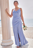 Sheath/Column V Neck Sleeveless Floor-Length Stretch Satin Bridesmaid Dresses with Pleated Split Lainey STIP0025227