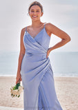 Sheath/Column V Neck Sleeveless Floor-Length Stretch Satin Bridesmaid Dresses with Pleated Split Lainey STIP0025227