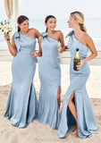 Trumpet/Mermaid One-Shoulder Sleeveless Floor-Length Stretch Satin Bridesmaid Dresses with Bowknot Ryann STIP0025229