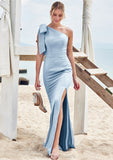 Trumpet/Mermaid One-Shoulder Sleeveless Floor-Length Stretch Satin Bridesmaid Dresses with Bowknot Ryann STIP0025229