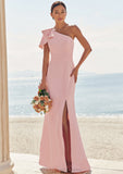 Sheath/Column One-Shoulder Sleeveless Floor-Length Stretch Crepe Bridesmaid Dresses with Bowknot Split Sarah STIP0025230