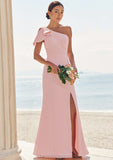 Sheath/Column One-Shoulder Sleeveless Floor-Length Stretch Crepe Bridesmaid Dresses with Bowknot Split Sarah STIP0025230