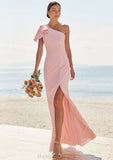 Sheath/Column One-Shoulder Sleeveless Floor-Length Stretch Crepe Bridesmaid Dresses with Bowknot Split Sarah STIP0025230