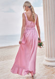 A-line Square Neckline Sleeveless Ankle-Length Stretch Satin Bridesmaid Dresses Jode STIP0025231