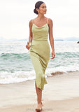 Sheath/Column V Neck Sleeveless Tea-Length Stretch Satin Bridesmaid Dresses with Pleated Split Zariah STIP0025233