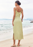 Sheath/Column V Neck Sleeveless Tea-Length Stretch Satin Bridesmaid Dresses with Pleated Split Zariah STIP0025233