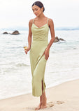 Sheath/Column V Neck Sleeveless Tea-Length Stretch Satin Bridesmaid Dresses with Pleated Split Zariah STIP0025233