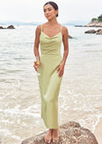 Sheath/Column V Neck Sleeveless Tea-Length Stretch Satin Bridesmaid Dresses with Pleated Split Zariah STIP0025233