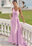 Trumpet/Mermaid One-Shoulder Sleeveless Floor-Length Jersey Bridesmaid Dresses with Pleated Side Draping Amina STIP0025234