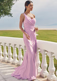 Trumpet/Mermaid One-Shoulder Sleeveless Floor-Length Jersey Bridesmaid Dresses with Pleated Side Draping Amina STIP0025234