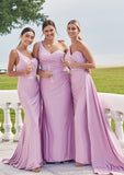 Trumpet/Mermaid One-Shoulder Sleeveless Floor-Length Jersey Bridesmaid Dresses with Pleated Side Draping Amina STIP0025234