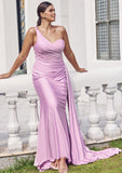 Trumpet/Mermaid One-Shoulder Sleeveless Floor-Length Jersey Plus Size Bridesmaid Dresses with Pleated Side Draping Julissa STIP0025235