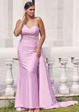 Trumpet/Mermaid One-Shoulder Sleeveless Floor-Length Jersey Plus Size Bridesmaid Dresses with Pleated Side Draping Julissa STIP0025235