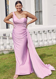 Trumpet/Mermaid One-Shoulder Sleeveless Floor-Length Jersey Plus Size Bridesmaid Dresses with Pleated Side Draping Julissa STIP0025235