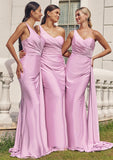 Trumpet/Mermaid One-Shoulder Sleeveless Floor-Length Jersey Plus Size Bridesmaid Dresses with Pleated Side Draping Julissa STIP0025235