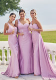 Trumpet/Mermaid One-Shoulder Sleeveless Floor-Length Jersey Plus Size Bridesmaid Dresses with Pleated Side Draping Julissa STIP0025235