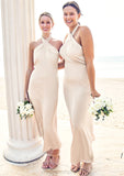 Sheath/Column Halter Sleeveless Ankle-Length Stretch Satin Bridesmaid Dresses with Bowknot Raven STIP0025236