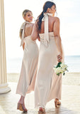 Sheath/Column Halter Sleeveless Ankle-Length Stretch Satin Bridesmaid Dresses with Bowknot Raven STIP0025236