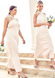 Sheath/Column Halter Sleeveless Ankle-Length Stretch Satin Bridesmaid Dresses with Bowknot Raven STIP0025236