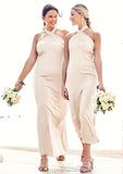 Sheath/Column Halter Sleeveless Ankle-Length Stretch Satin Bridesmaid Dresses with Bowknot Raven STIP0025236