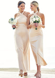 Sheath/Column Halter Sleeveless Ankle-Length Stretch Satin Bridesmaid Dresses with Bowknot Raven STIP0025236