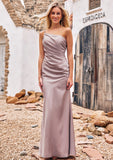 Sheath/Column One-Shoulder Sleeveless Floor-Length Stretch Satin Bridesmaid Dresses with Pleated Elaine STIP0025238