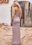 Sheath/Column One-Shoulder Sleeveless Floor-Length Stretch Satin Bridesmaid Dresses with Pleated Elaine STIP0025238