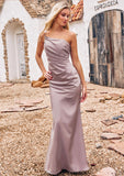 Sheath/Column One-Shoulder Sleeveless Floor-Length Stretch Satin Bridesmaid Dresses with Pleated Elaine STIP0025238