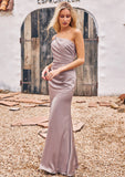 Sheath/Column One-Shoulder Sleeveless Floor-Length Stretch Satin Bridesmaid Dresses with Pleated Elaine STIP0025238