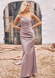 Sheath/Column One-Shoulder Sleeveless Floor-Length Stretch Satin Bridesmaid Dresses with Pleated Elaine STIP0025238