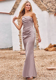 Sheath/Column One-Shoulder Sleeveless Floor-Length Stretch Satin Bridesmaid Dresses with Pleated Elaine STIP0025238