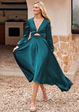 A-line V Neck Full/Long Sleeve Asymmetrical Stretch Satin Bridesmaid Dresses with Bowknot Sashes Aliana STIP0025240