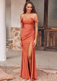 Sheath/Column Off-the-Shoulder Sleeveless Floor-Length Jersey Bridesmaid Dresses with Pleated Split Alannah STIP0025241