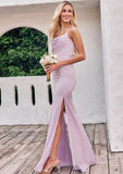 Sheath/Column Cowl Neck Sleeveless Floor-Length Stretch Satin Bridesmaid Dresses with Pleated Split Marilyn STIP0025242