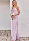 Sheath/Column Cowl Neck Sleeveless Floor-Length Stretch Satin Bridesmaid Dresses with Pleated Split Marilyn STIP0025242