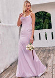 Sheath/Column Cowl Neck Sleeveless Floor-Length Stretch Satin Bridesmaid Dresses with Pleated Split Marilyn STIP0025242