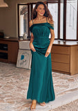 A-line Off-the-Shoulder Sleeveless Floor-Length Stretch Satin Bridesmaid Dresses with Pleated Coral STIP0025243