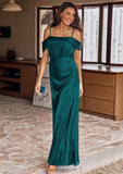 A-line Off-the-Shoulder Sleeveless Floor-Length Stretch Satin Bridesmaid Dresses with Pleated Coral STIP0025243