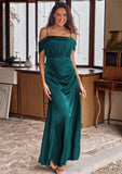 A-line Off-the-Shoulder Sleeveless Floor-Length Stretch Satin Bridesmaid Dresses with Pleated Coral STIP0025243