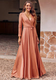 A-line V Neck Full/Long Sleeve Floor-Length Jersey Bridesmaid Dresses with Pleated Sashes Paige STIP0025246