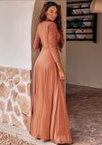 A-line V Neck Full/Long Sleeve Floor-Length Jersey Bridesmaid Dresses with Pleated Sashes Paige STIP0025246