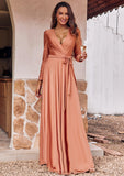 A-line V Neck Full/Long Sleeve Floor-Length Jersey Bridesmaid Dresses with Pleated Sashes Paige STIP0025246